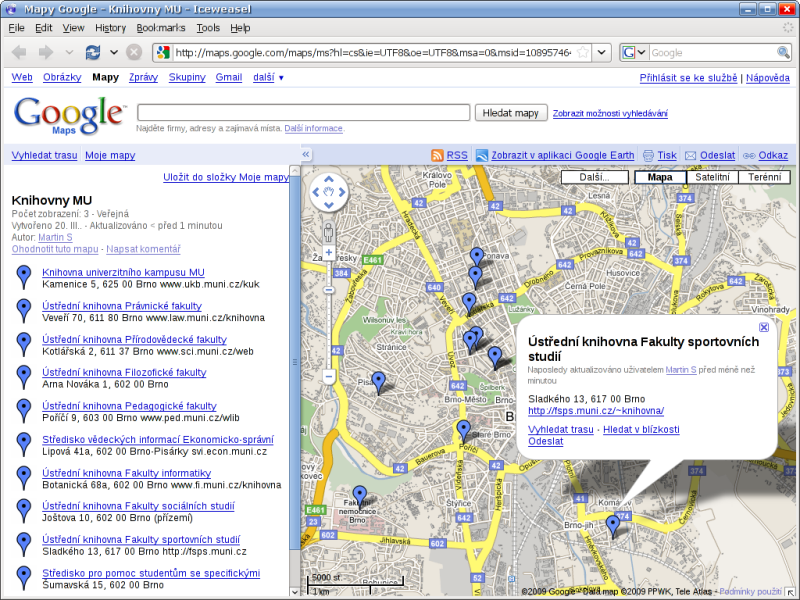 Google Maps - Vlastn mapy - Pklad mapy "Knihovny MU"