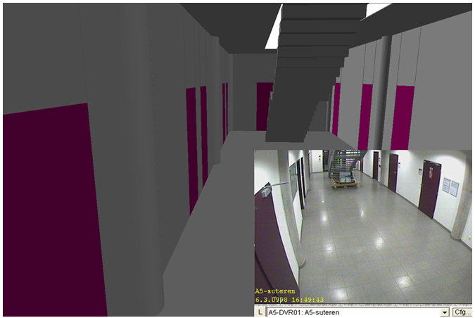 Srovnn 3D modelu interiru budovy a obrazu kamery systmu CCTV